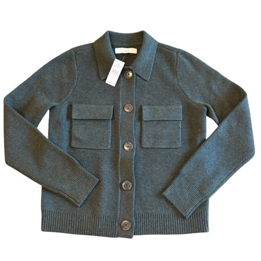 NWT LOFT Cardigan Women Sz S Green Ribbed Wool Blend Button Front Career